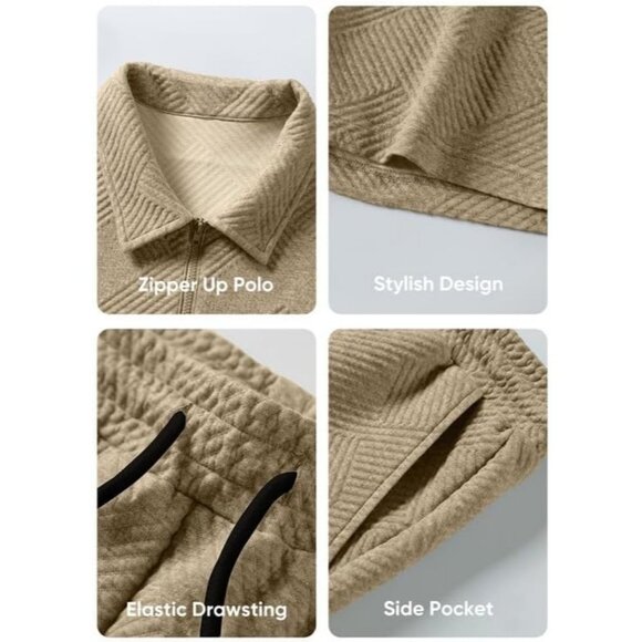 Men Brown Polo Geometric Texture Casual Shirt & Shorts Set Outfits Sweat Suits - Picture 8 of 9